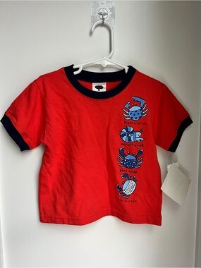 Mulberry Red Short Sleeve Tee with Navy Trim and Crab Motif